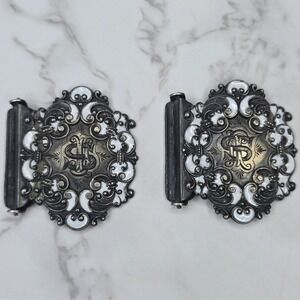 Antique Victorian Sterling Silver Enamel Monogram Garter Suspender Clasps Pair